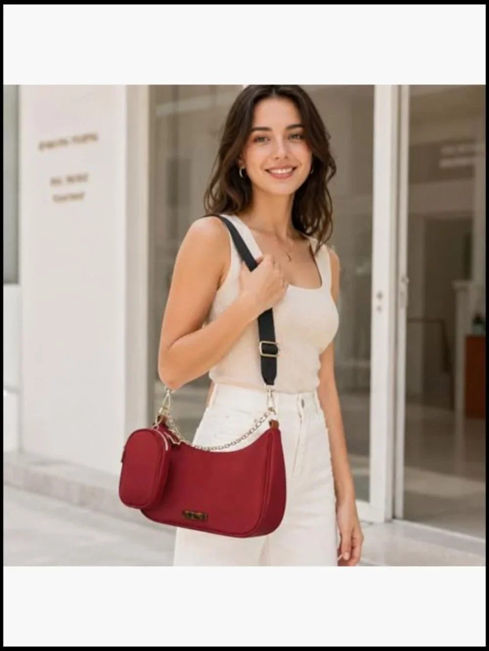 Crescent Hobo Crossbody Bag with Detachable Pouch & Two Straps